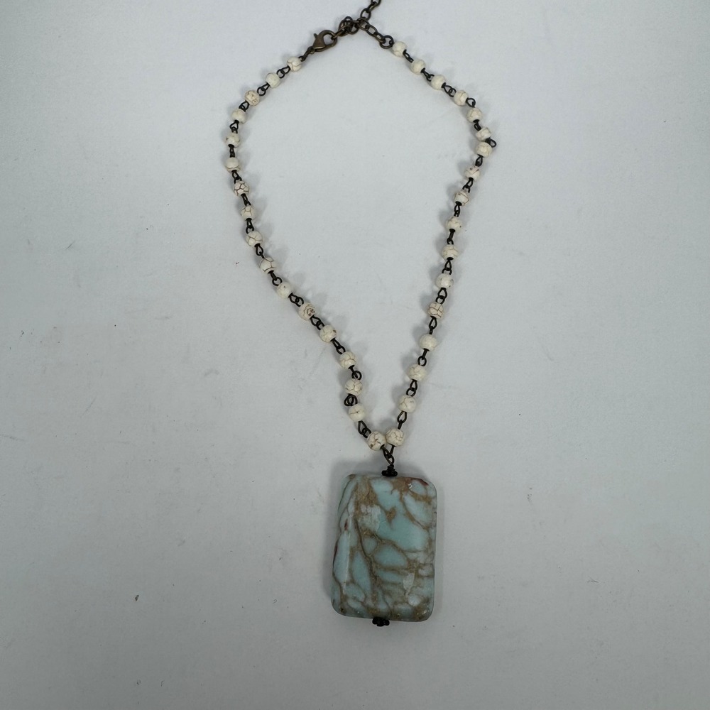 Boho Turquoise Stone Rectangle Pendant Necklace White Beaded Chain | Bronze Tone